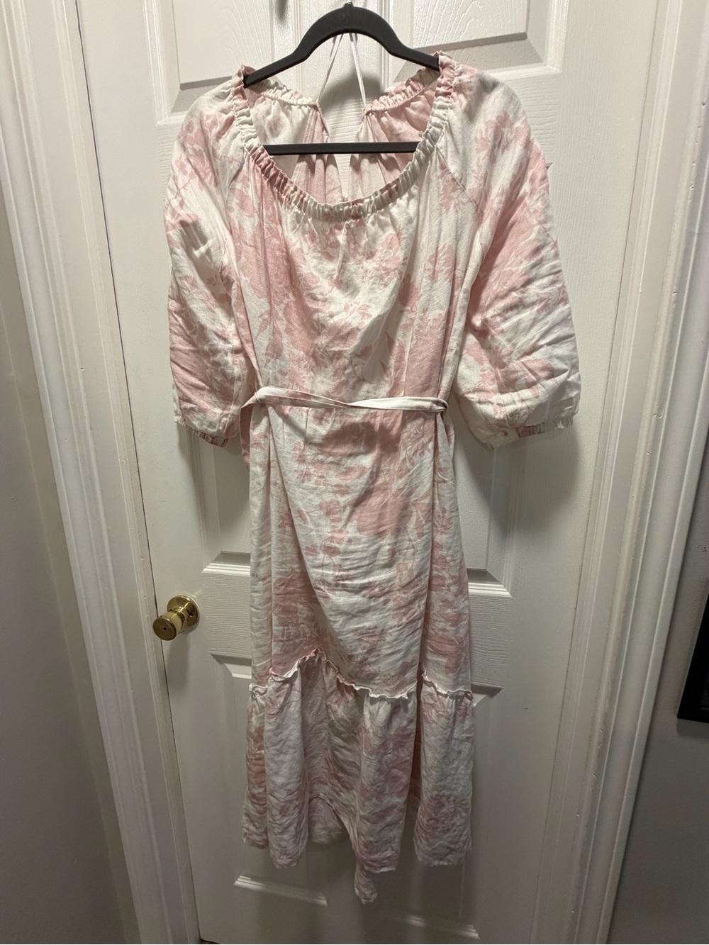 XL Saks Fifth Avenue Brand 100% Linen Pink/White Peasant Midi Dress